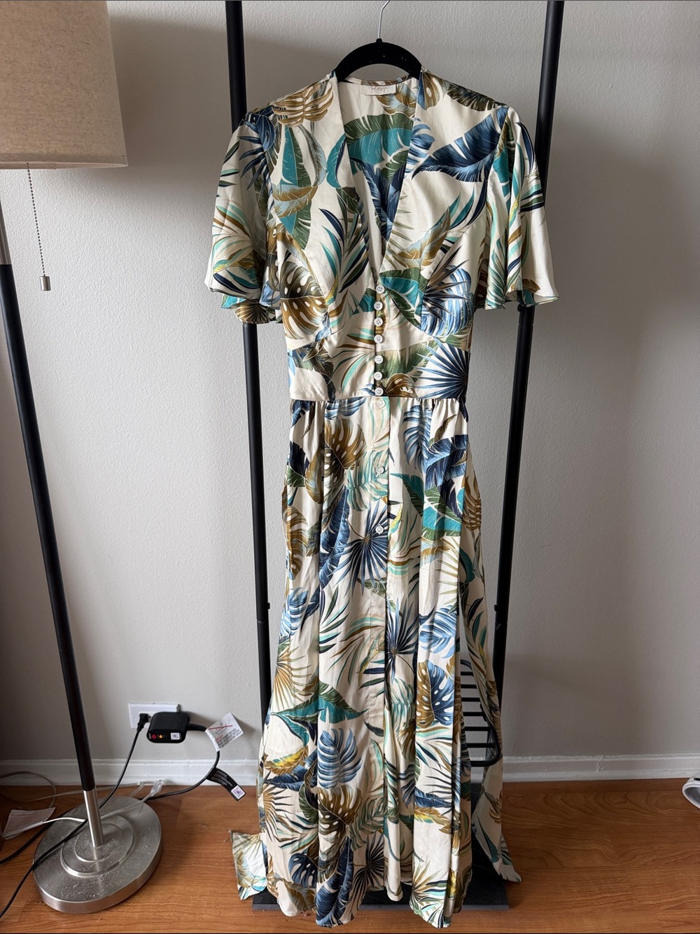 Petersyn Cream Maxi Dress with Green, Blue & Gold Leaf Print